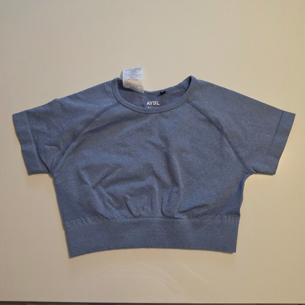 AYBL Seamless Short Sleeve Crop Top Heathered Blue Activewear Gym Shirt Small